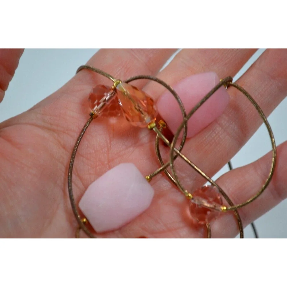 Vtg Gold Tone Snake Chain Necklace w/ Pink Faceted Quartz & Glass Pink Beads 39